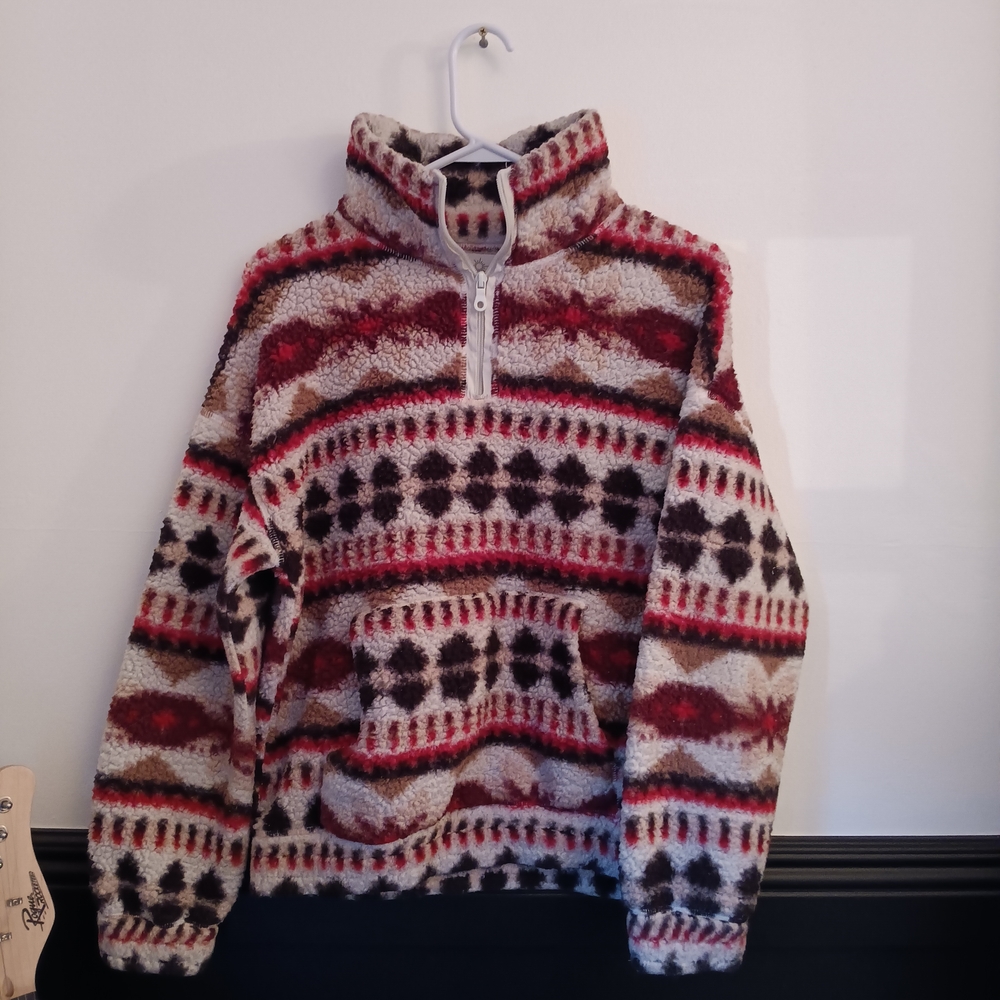Offline By Aerie Women's Red Brown Cream Tan Aztec Fair Isle Sherpa Pull Over